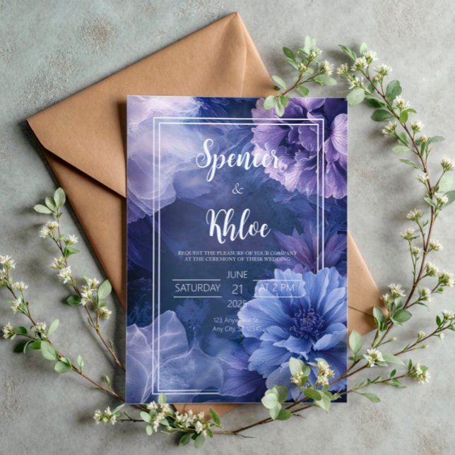 Navy Blue Purple Moody Floral Botanical Wedding Invitation (Creator Uploaded)
