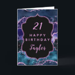 Navy Blue Purple Ocean Agate Happy Birthday Card<br><div class="desc">This elegant and glamorous birthday card can be personalized with a name or title such as mom, daughter, granddaughter, niece, friend etc. The design features a navy blue and teal blue agate marble background with faux purple glitter accents. The text combines handwritten script and modern sans serif fonts for a...</div>