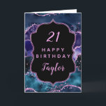 Navy Blue Purple Ocean Agate Happy Birthday Card<br><div class="desc">This elegant and glamorous birthday card can be personalized with a name or title such as mom, daughter, granddaughter, niece, friend etc. The design features a navy blue and teal blue agate marble background with faux purple glitter accents. The text combines handwritten script and modern sans serif fonts for a...</div>