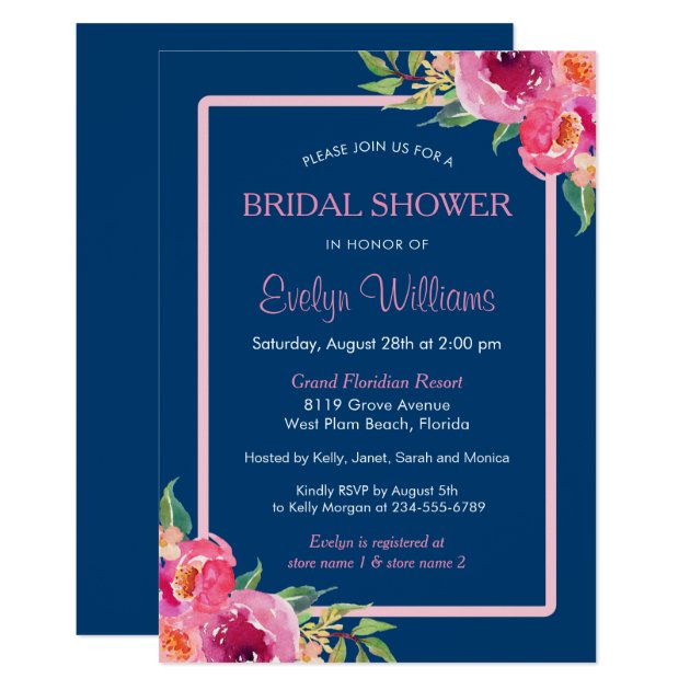 Navy Blue Purple Pink Floral Classy Bridal Shower Invitation