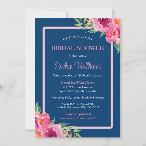 Navy Blue Purple Pink Floral Classy Bridal Shower Invitation