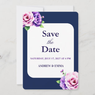 Navy Blue Purple Rose Elegant Floral Wedding Invitation
