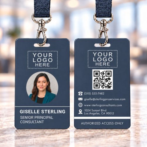 Navy Blue QR Code Company Photo Name Tag ID Badge