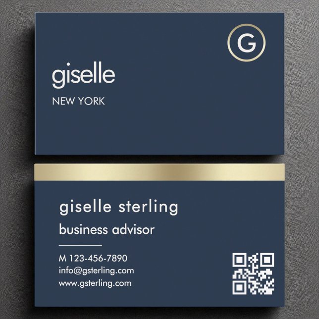 Navy Blue QR Code Faux Gold Foil Monogram  Business Card (Creator Uploaded)