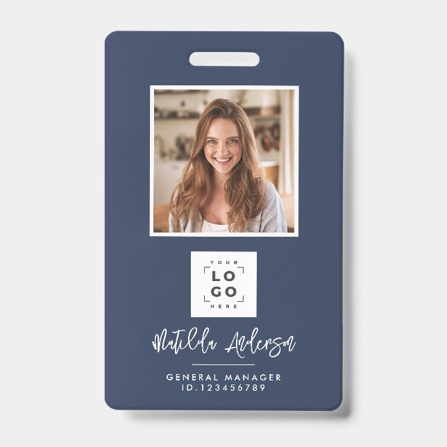 Navy blue QR code modern minimal photo abstract Badge (Front)