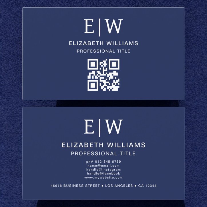 Navy Blue QR Code Monogram Minimalist Business Card