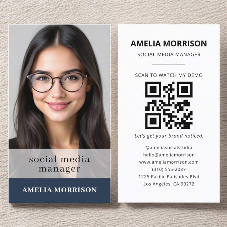 Navy Blue QR Code Photo Minimalist Professional Business Card