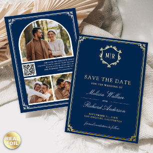 Navy Blue QR Code Photo Wedding Save the Date Gold Foil Invitation