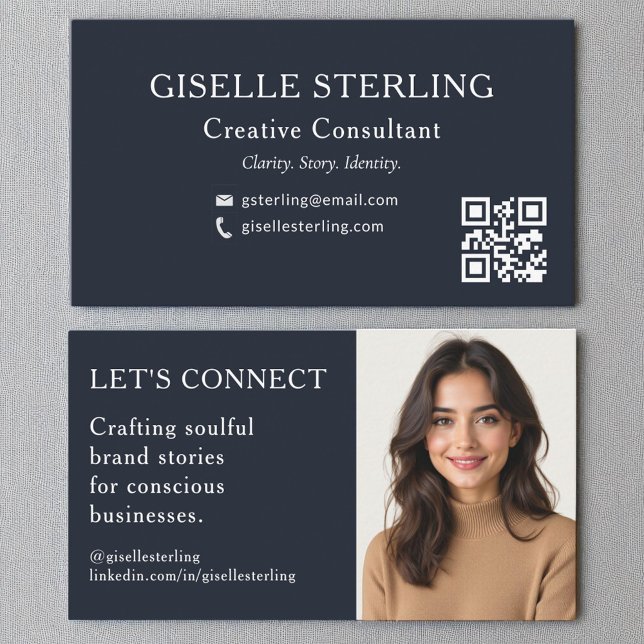 Navy Blue QR Code Professional Photo Business Card (Creator Uploaded)