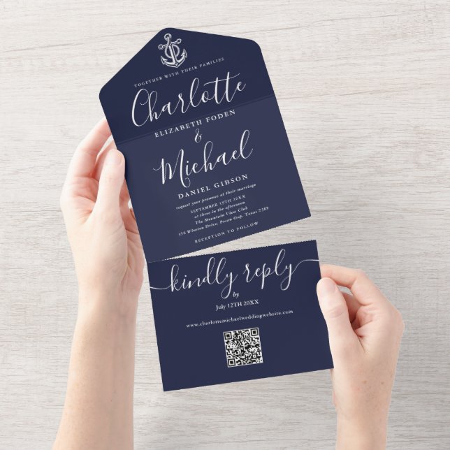 Navy Blue QR Code Script Anchor Nautical Wedding All In One Invitation (Tearaway)