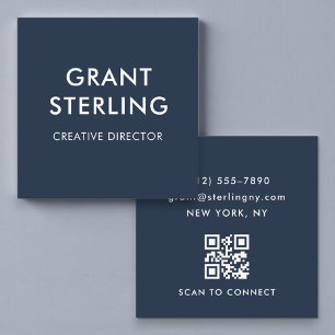 Navy Blue QR Code Simple Minimal Typography  Square Business Card
