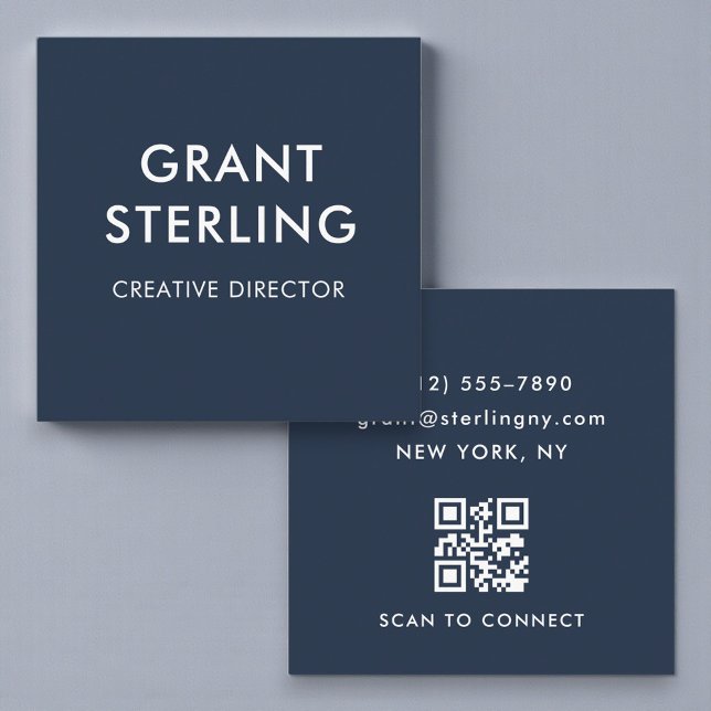 Navy Blue QR Code Simple Minimal Typography  Square Business Card (Creator Uploaded)