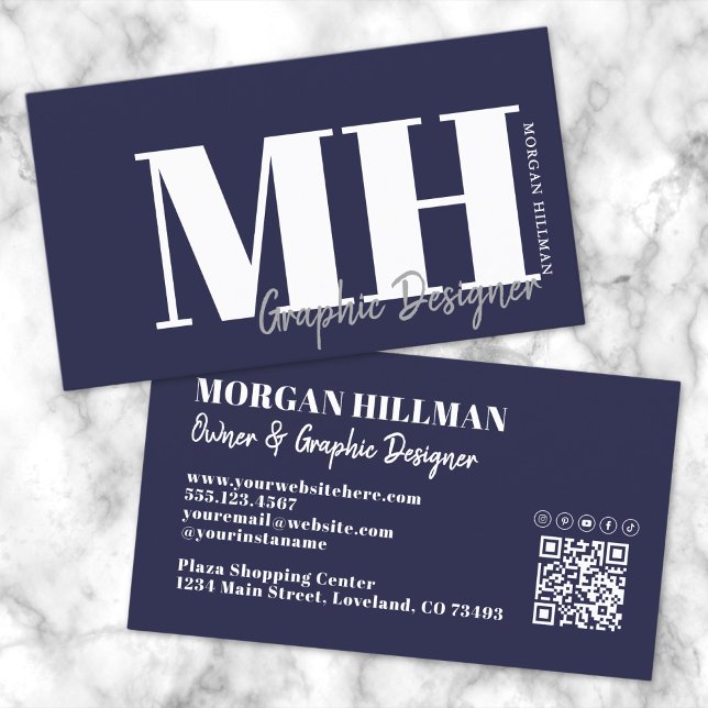 Navy Blue QR Code Simple Monogram Business Card (Navy Blue QR Code Simple Monogram Business Card )
