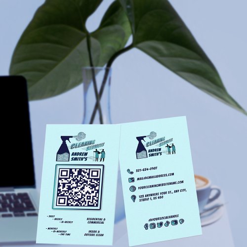 Navy Blue QR Code Trendy Logo 3D Cleaning Services Business Card