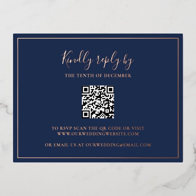 Navy Blue QR Code Wedding Foil RSVP Card (Front)