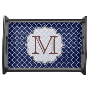 Navy Blue Quarterfoil Latti Monogram Serving Tray