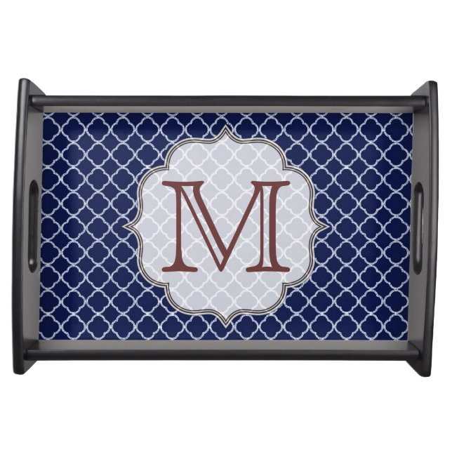 Navy Blue Quarterfoil Latti Monogram Serving Tray (Front)