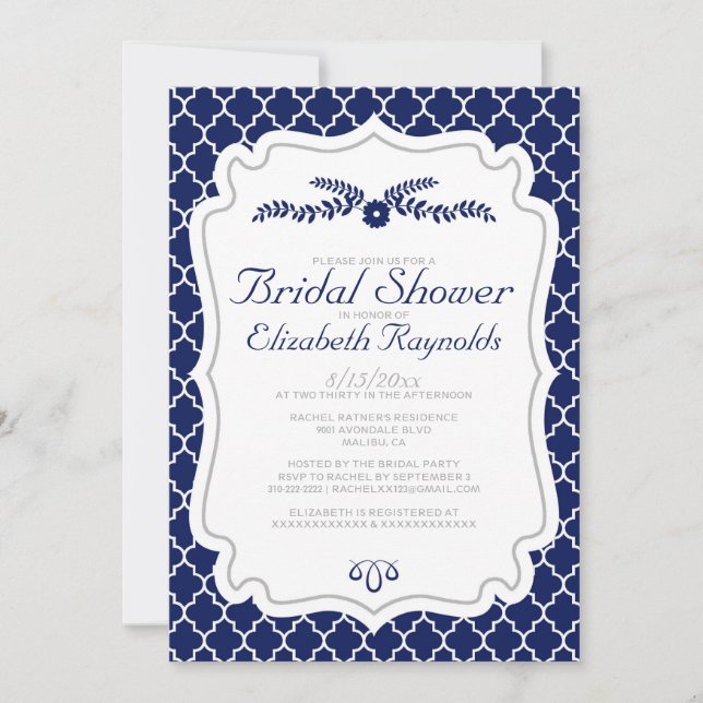 Navy Blue Quatrefoil Bridal Shower Invitations (Front)