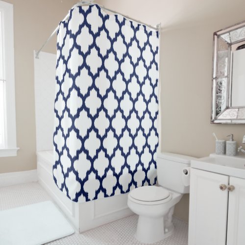 Navy_Blue Quatrefoil Ikat Geometric Pattern Shower Curtain