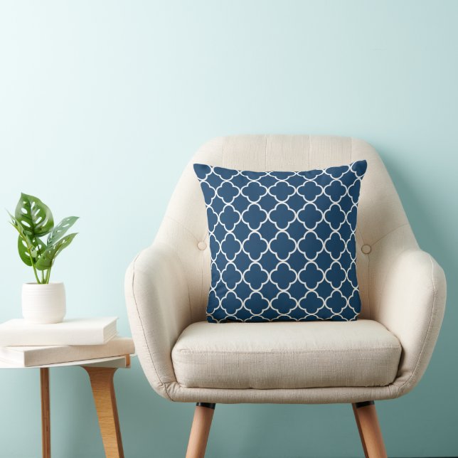 Navy Blue Quatrefoil, Latticework, Trellis Throw Pillow (Chair)