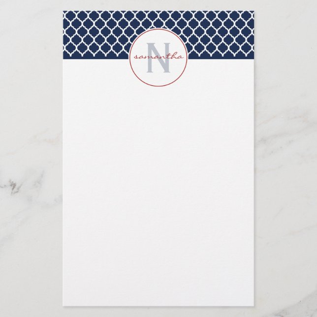 Navy Blue Quatrefoil Monogram Stationery (Front)