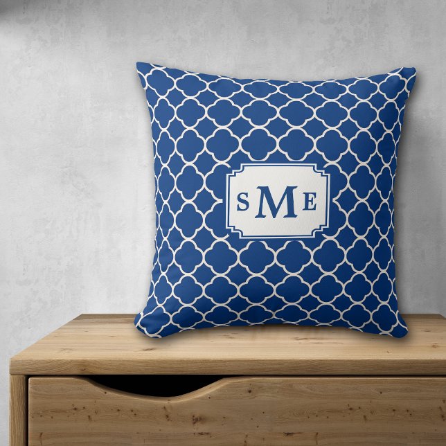 Navy Blue Quatrefoil Monogram Throw Pillow (Creator Uploaded)