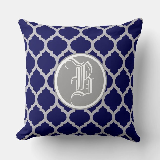 Navy Blue Quatrefoil Pattern Monogram Throw Pillow (Front)
