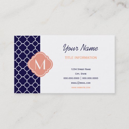 Navy Blue Quatrefoil Pattern with Monogram Business Card Templates