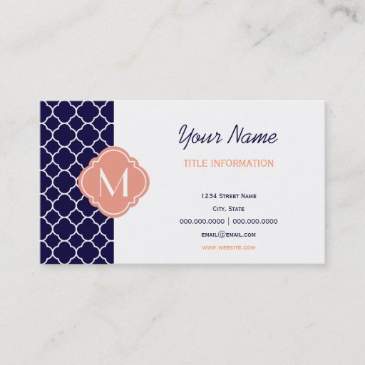 Customizable Navy Blue Quatrefoil Pattern with Monogram Business Card Templates