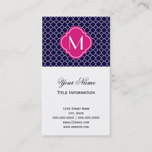 Navy Blue Quatrefoil Pattern with Monogram Business Cards