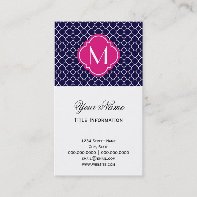 Navy Blue Quatrefoil Pattern with Monogram Business Card (Front)