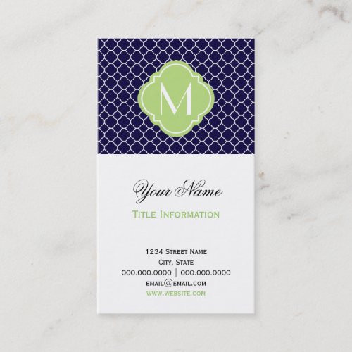 Navy Blue Quatrefoil Pattern with Monogram Business Cards