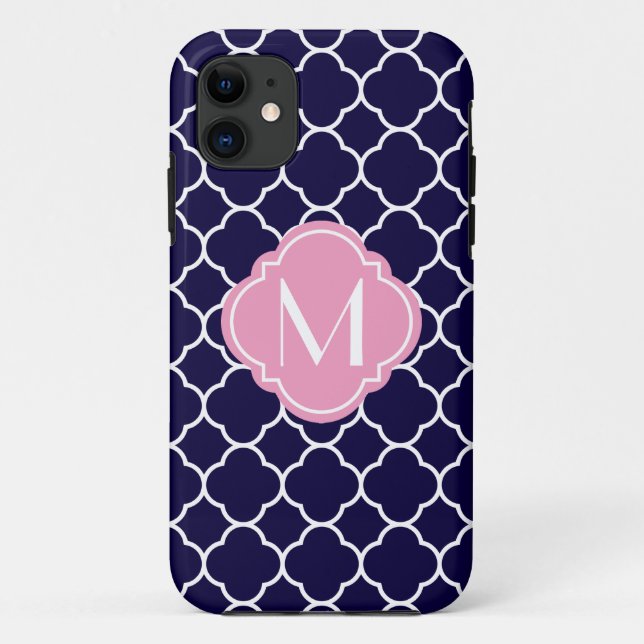Navy Blue Quatrefoil Pattern with Monogram Case-Mate iPhone Case (Back)