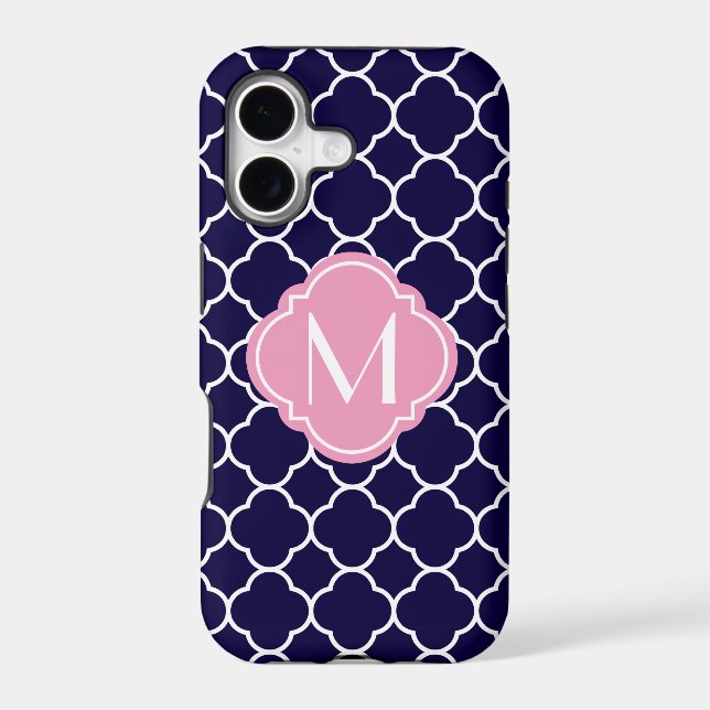 Navy Blue Quatrefoil Pattern with Monogram Iphone Case (Back)