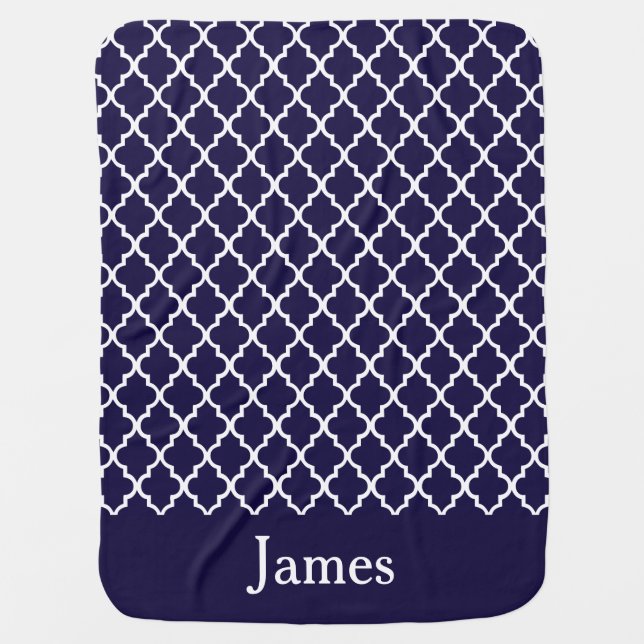Navy Blue Quatrefoil Personalized Baby Blanket (Front)