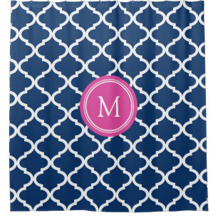 Navy Blue Quatrefoil Pink Monogram Shower Curtain