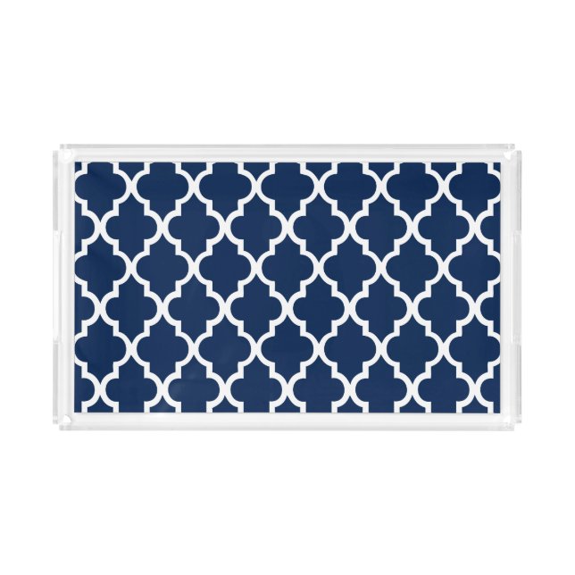Navy Blue Quatrefoil Tiles Pattern Acrylic Tray (Front)