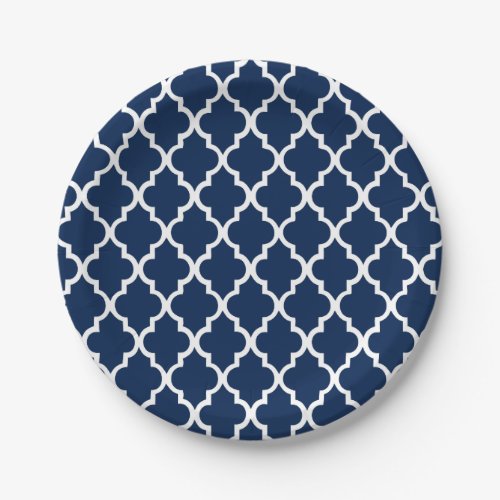 Navy Blue Quatrefoil Tiles Pattern Paper Plates
