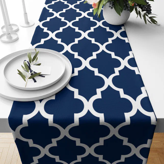 Navy Blue Quatrefoil Tiles Pattern Short Table Runner | Zazzle