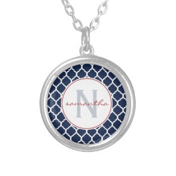 Navy Blue Quatrefoil With Initial An Name Silver Plated Necklace by snowfinch at Zazzle