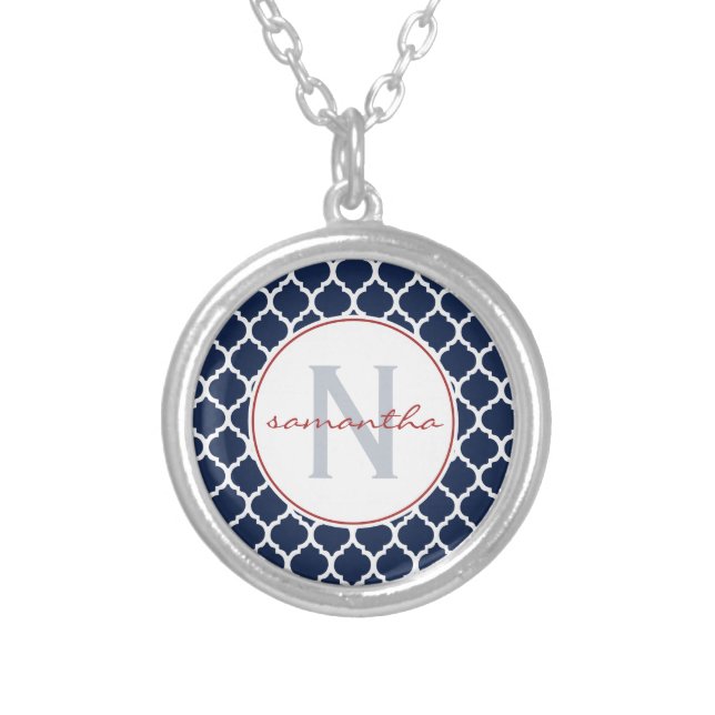 Navy Blue Quatrefoil with Initial an Name Silver Plated Necklace (Front)