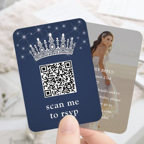 Navy Blue Quinceañera Crown & Stars QR RSVP Photo