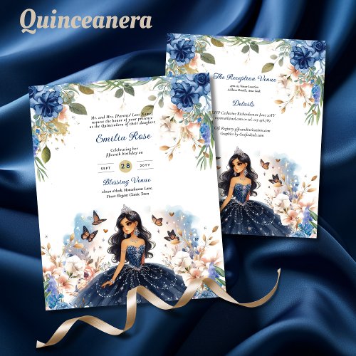 Navy Blue Quinceanera Dress Floral Butterflies