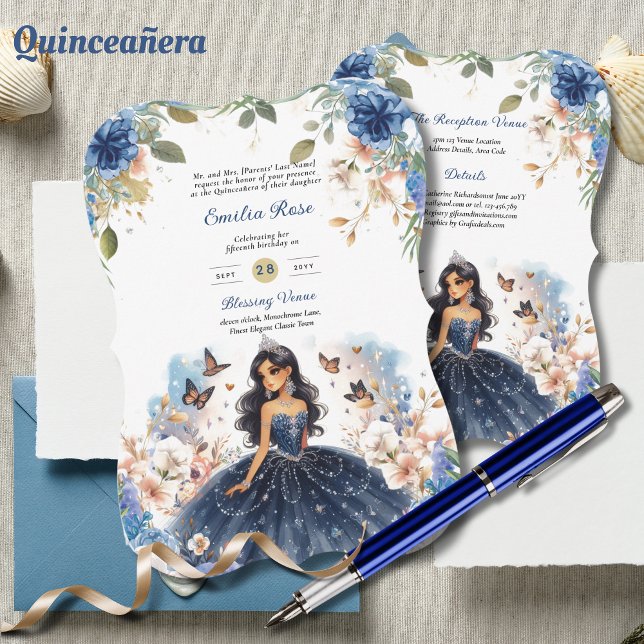 Navy Blue Quinceanera Dress Floral Butterflies Invitation (Creator Uploaded)