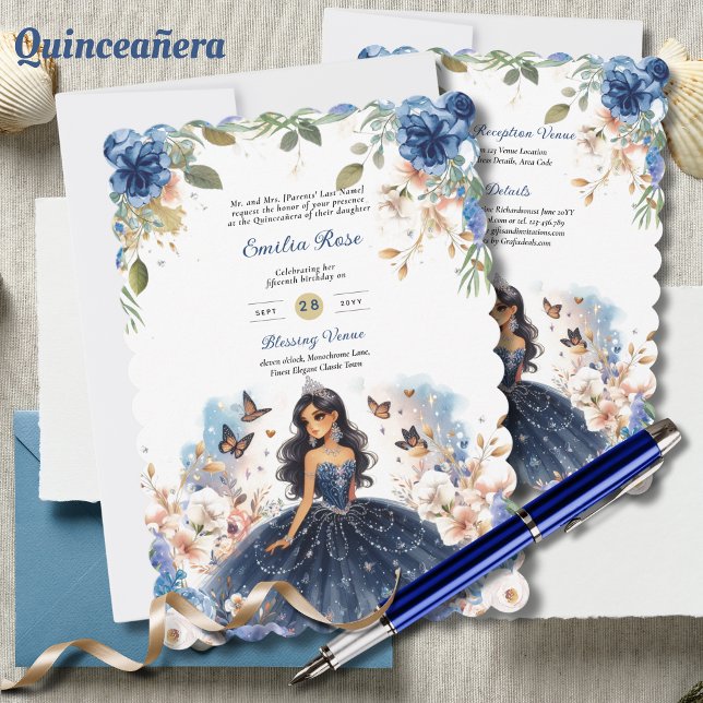 Navy Blue Quinceanera Dress Floral Butterflies Invitation (Creator Uploaded)