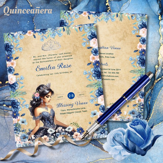 Navy Blue Quinceanera Dress Floral Roses (Creator Uploaded)