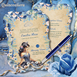 Navy Blue Quinceanera Dress Floral Roses Invitation