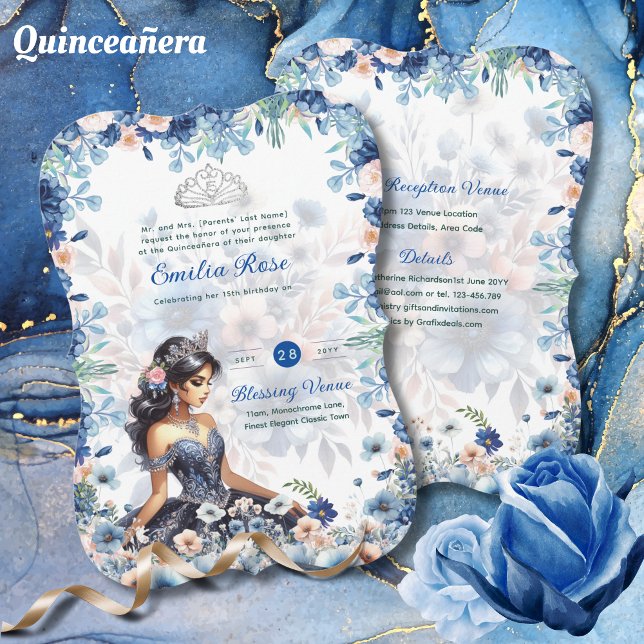 Navy Blue Quinceanera Dress Floral Roses Invitation (Creator Uploaded)