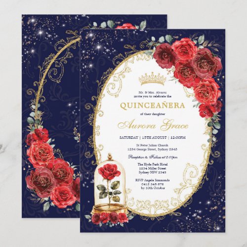 Navy Blue Quinceañera Enchanted Red Roses Party