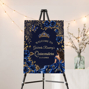 Navy Blue Quinceañera Golden Roses Welcome Foam Board